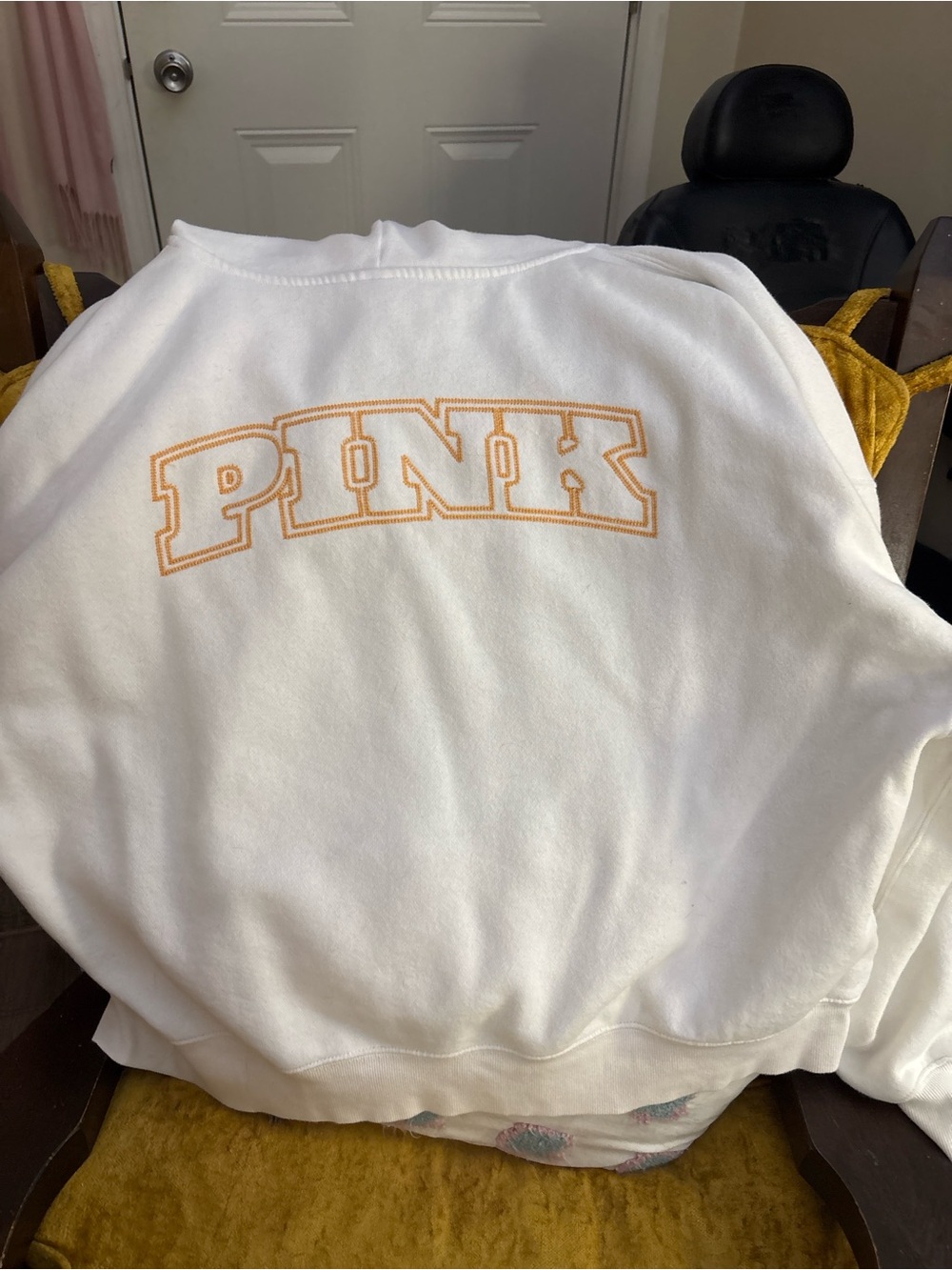 PINK Victoria's Secret White Crewneck with Peach Logo Outline